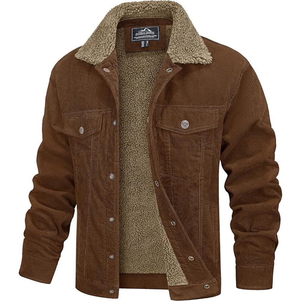 Mens Brown Corduroy Jacket Sherpa Lined Warm Winter Trucker Cargo Coat